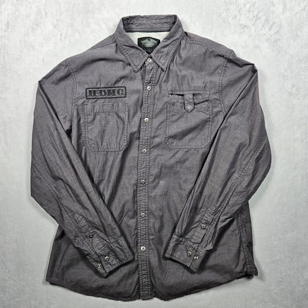 Harley-Davidson Shirt Mens XL Gray Button Up Long‎ Sleeve HDMC 1 Patches